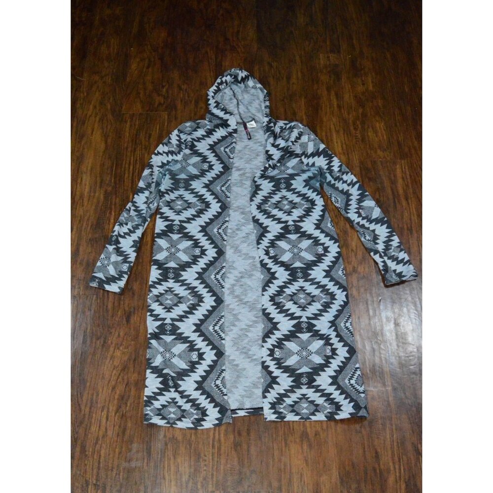 Aztec Black & Gray Hooded Open Front Cardigan Women's Size XL Boho Duster READ